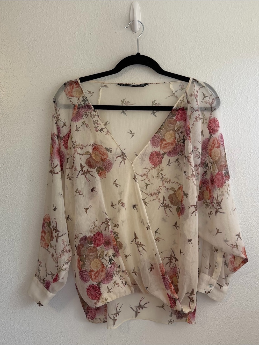 Zara Cream Sheer Floral Wrap Blouse with Pink and Peach Blooms